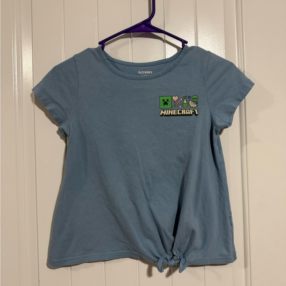 Old Navy Minecraft Graphic Tee Light Blue Girls L 10-12 Short Sleeve Knot Hem